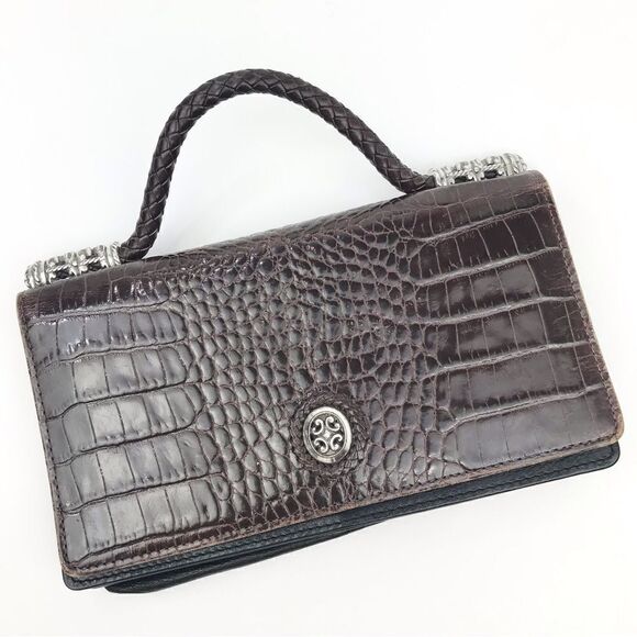 Brighton Brown Leather Reptile Embossed Silver Hardware Strap Wallet Mini Bag - Picture 1 of 16